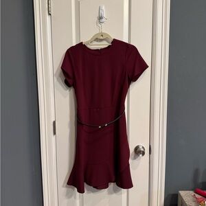 Burgundy Short Sleeve Dress with Belt